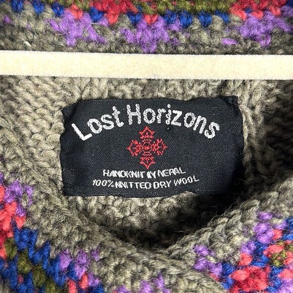 Lost Horizons Nepal Olive Green Wool Nordic Hand Knitted Cardigan Sweater L - Picture 11 of 12